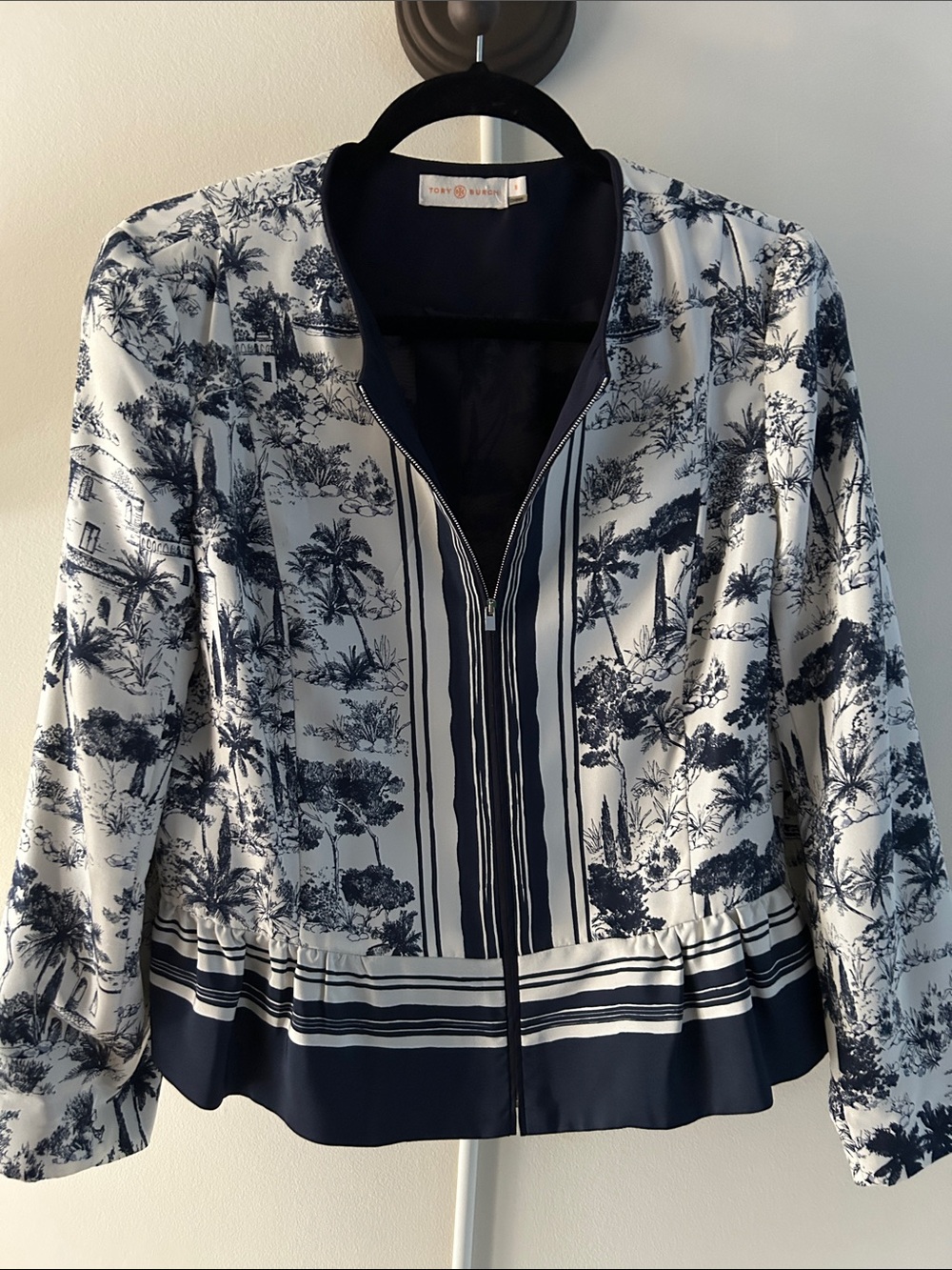Tory Burch Navy and White Printed Zip-Front Button Down Top